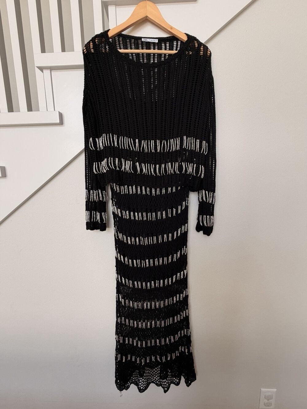 Zara Black White Open Knit Crochet 3 Piece Sweater Midi Skirt Set Women’s L